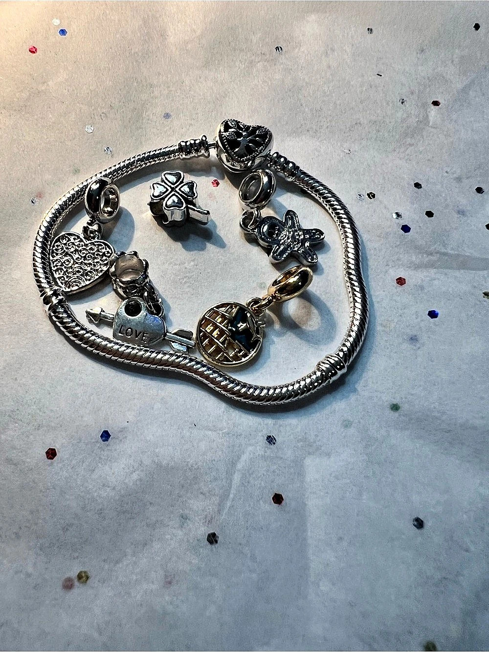 Pandora Moments Snake Chain Charm Bracelet with Assorted Charms Silver & Gold